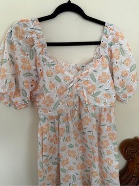 Altar’d State White Floral Puff Sleeve Dress with Peach Flowers